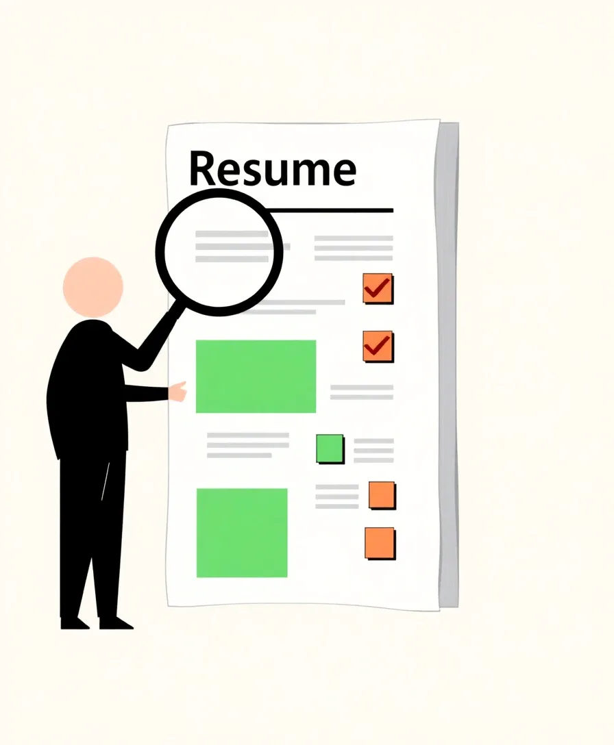 Editorial illustration of a person inspecting a resume document with a magnifying glass, with green and coral highlight blocks marking keyword passages.