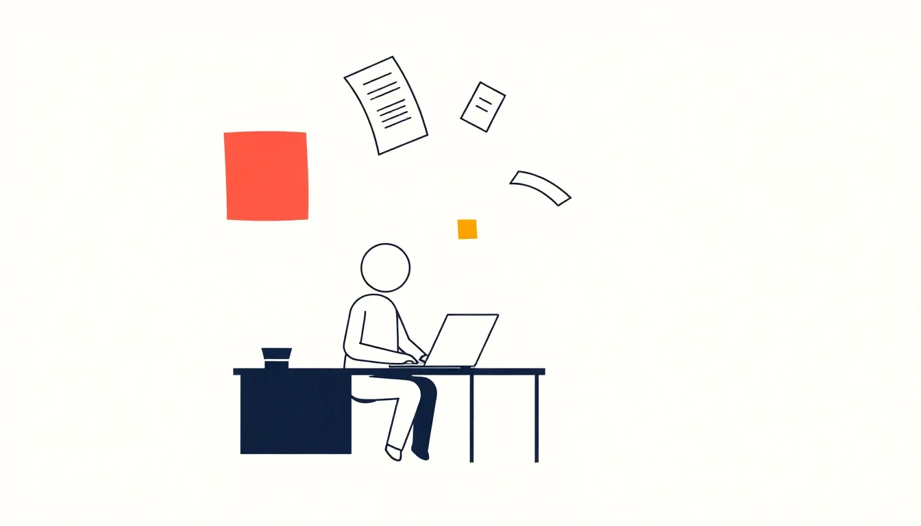 Editorial illustration of a person at a desk with a laptop, calmly arranging floating sheets of paper above their workspace.