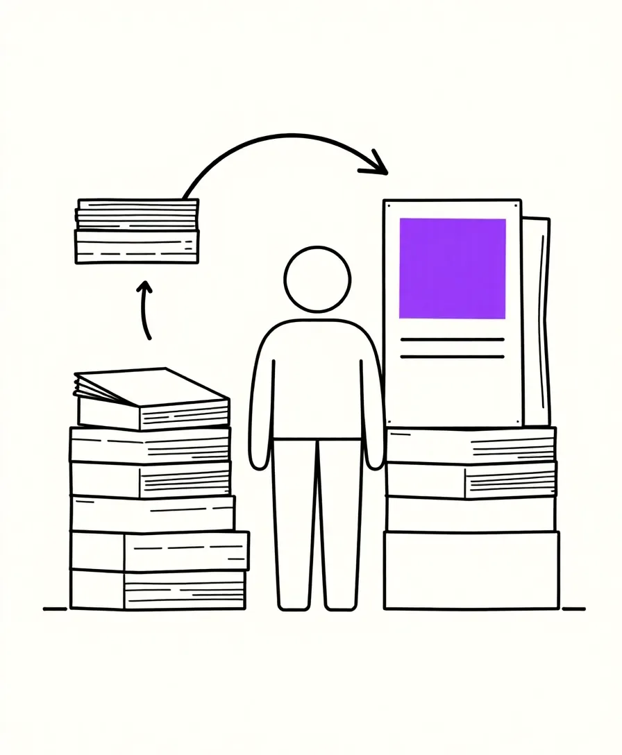Editorial illustration of a person standing between two stacks of paper documents with a curved arrow flowing between them, suggesting data import.