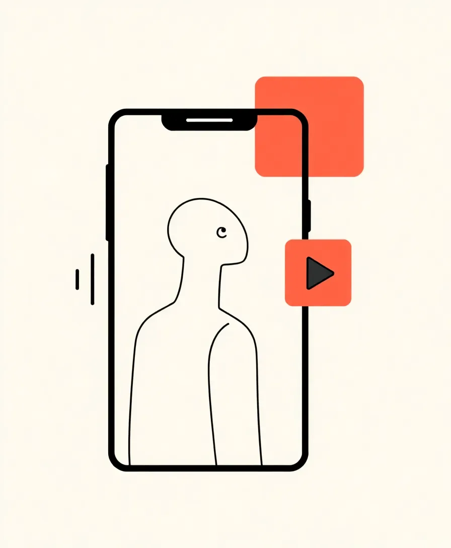 Editorial illustration of a person framed inside a phone-shaped recording window with a coral play-button block beside them.