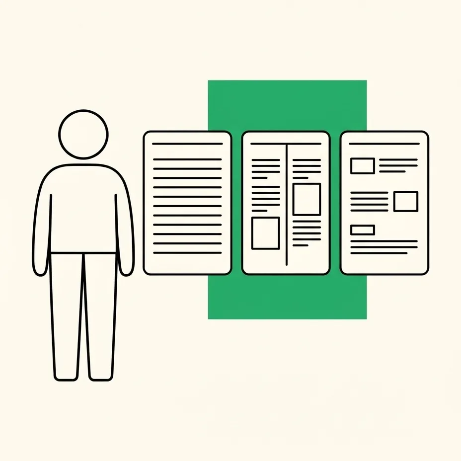 Illustration of a person standing beside three resume pages, each laid out differently, with a green block behind the middle page.