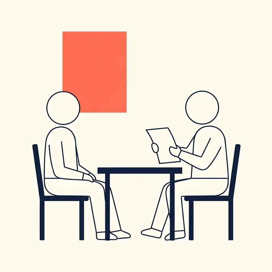 Illustration of two people seated across a small table in an interview, one reading a sheet of paper, with a coral block behind them.