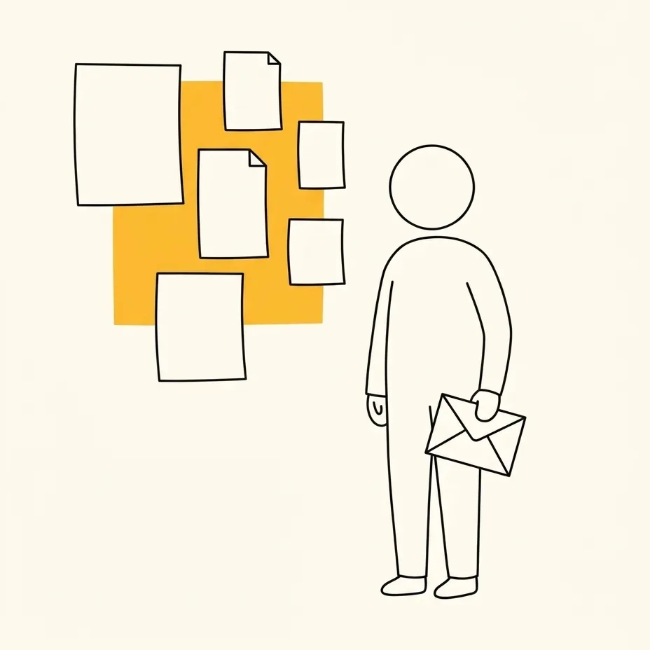 Illustration of a person holding an envelope in front of a wall of pinned job notices on a yellow block.